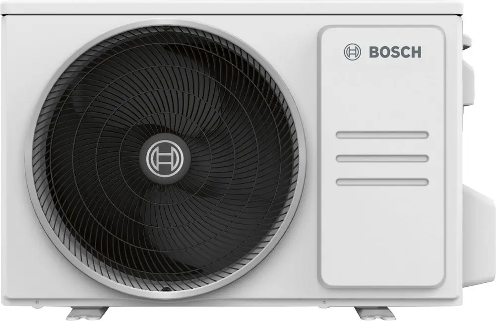 Bosch Außeneinheit für Klimagerät mit einem großen Lüfter und einem kompakten, schlichten Gehäuse in Weiß.
